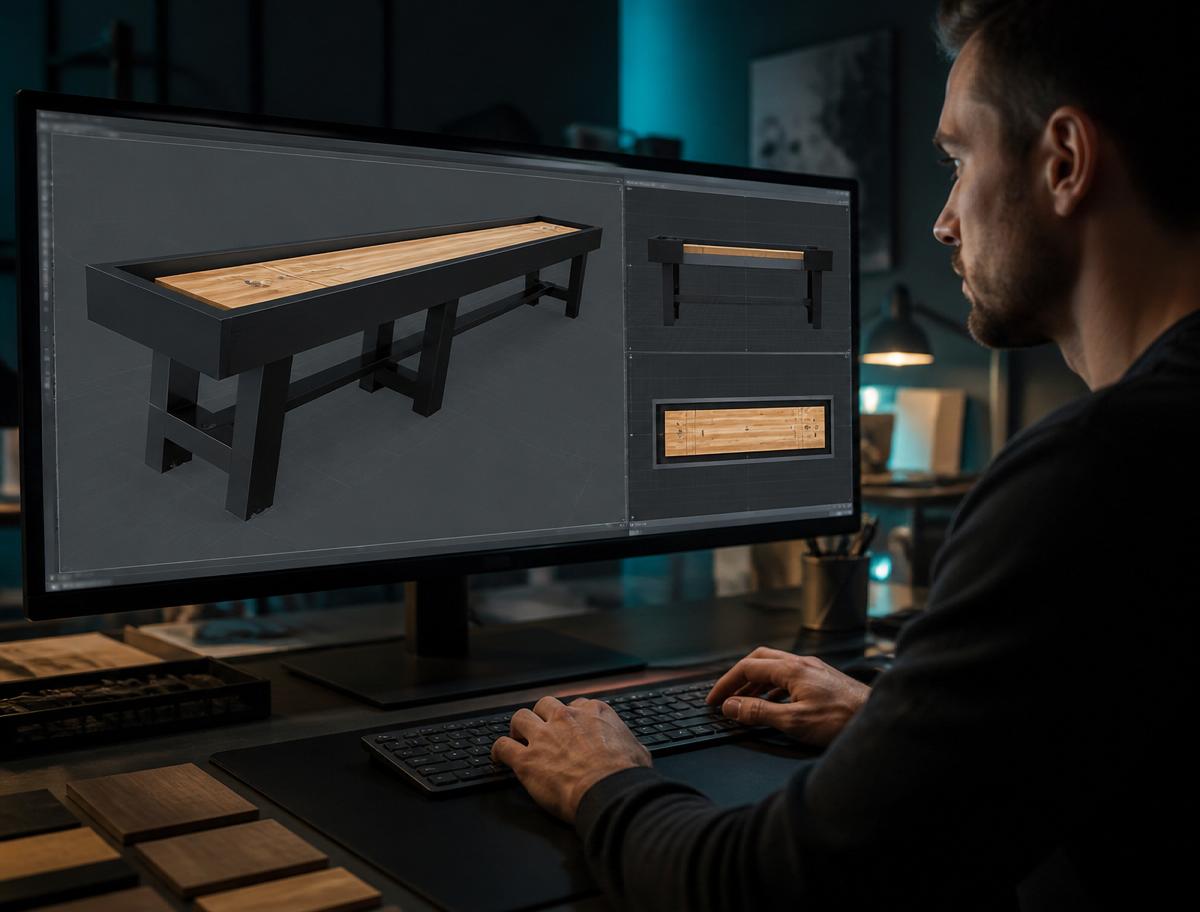Designer working on 3D CAD design of a shuffleboard