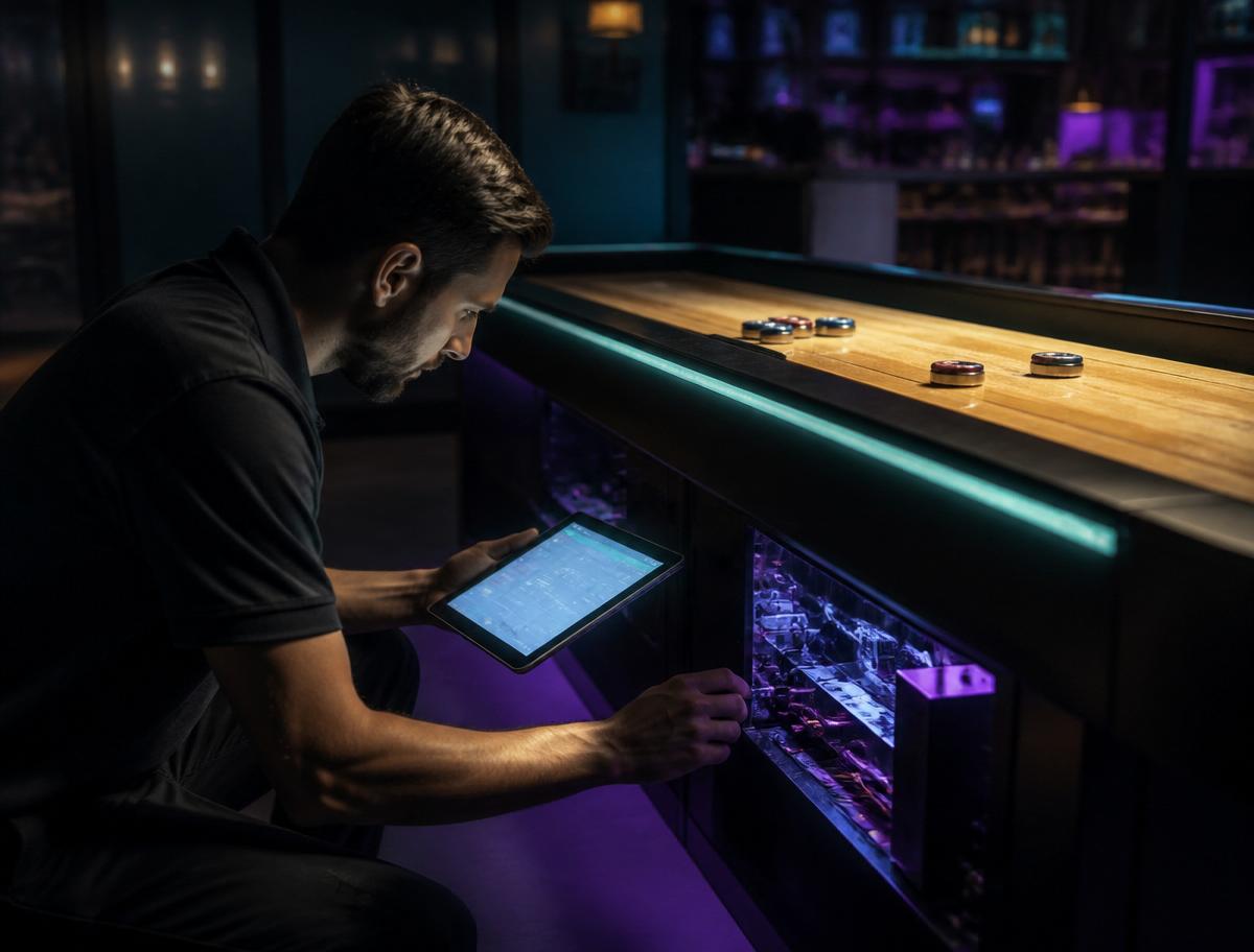 Technician running software diagnostics on a shuffleboard