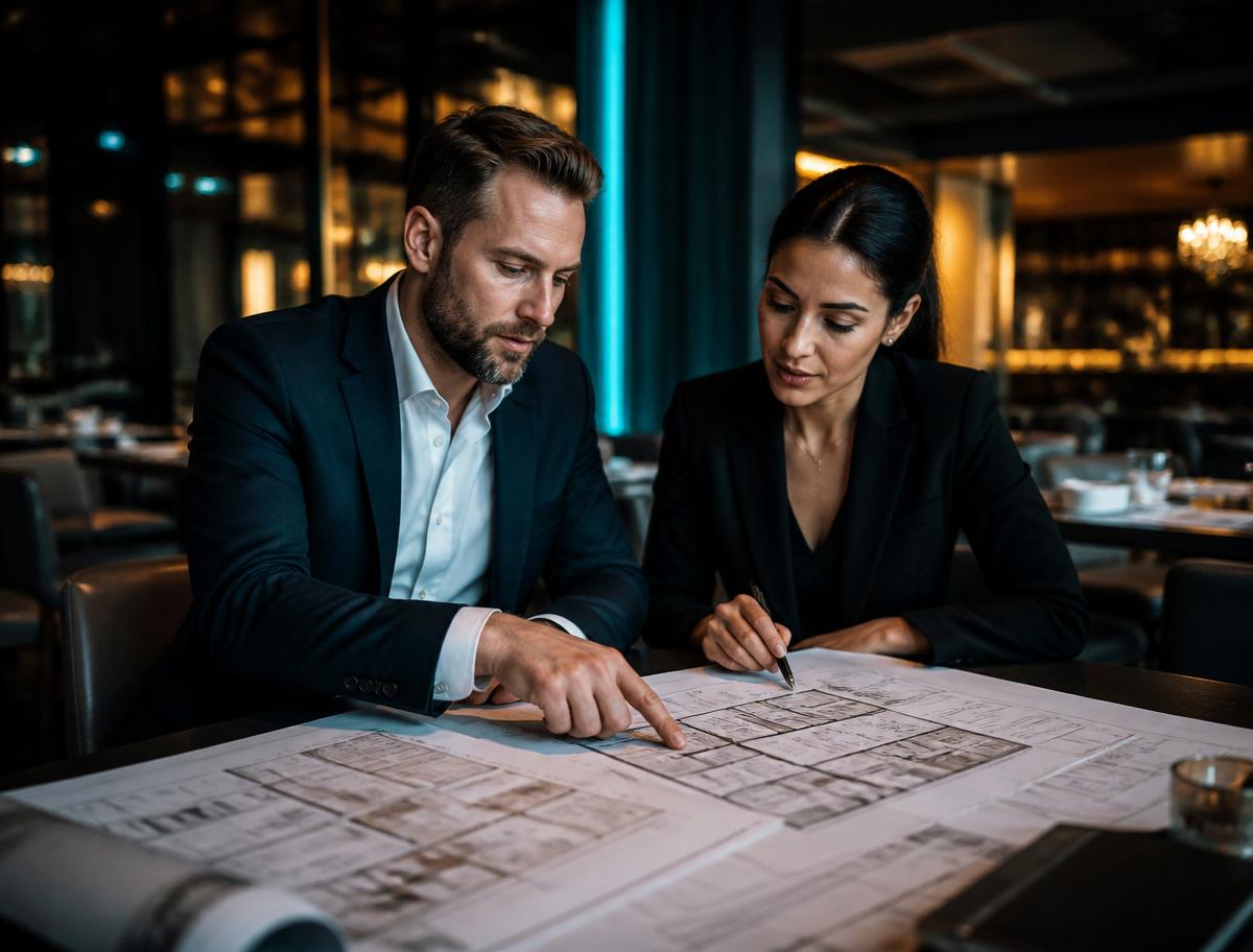 Consultants reviewing a venue floor plan