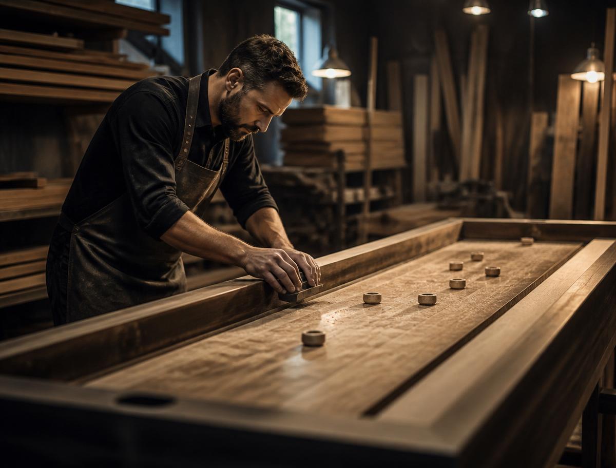 Craftsman building a premium shuffleboard in the workshop