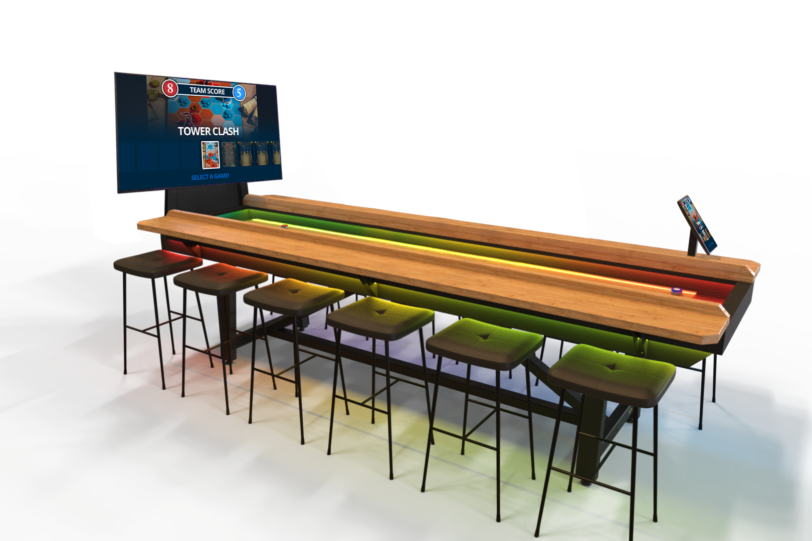 Interactive shuffleboard with LED playfield and scoreboard screen
