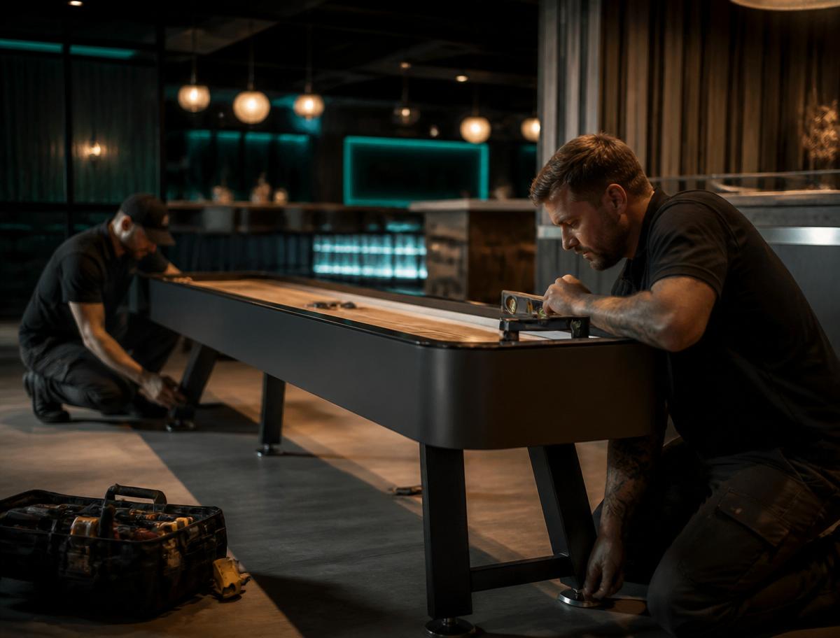 Technicians installing and calibrating a shuffleboard on-site